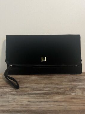 NWOT Carolina Herrera Black Velvet Clutch with Gold Logo